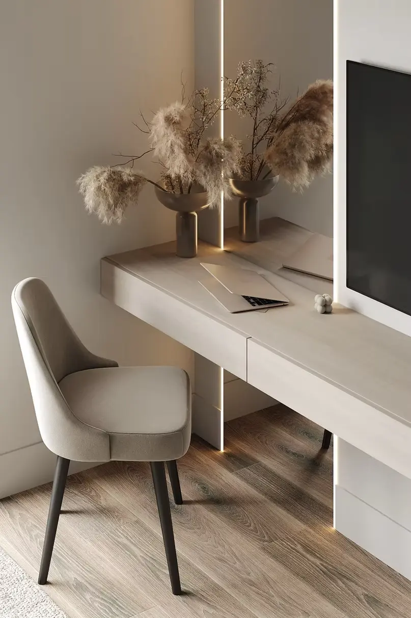 AZULIS Apartments: built-in desk nook with upholstered chair and pampas grass beside the TV wall, Via Pisano 16, Olbia