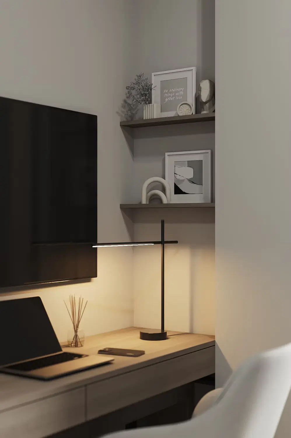 AZULIS Apartments: desk workspace with laptop, designer lamp and wall-mounted TV, Via Pisano 16, Olbia