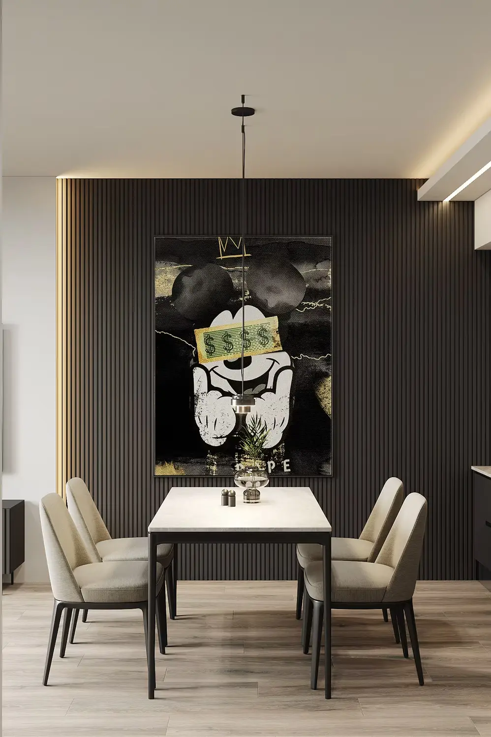 AZULIS Apartments: dining table with cream chairs, statement artwork and dark slatted wall, Olbia
