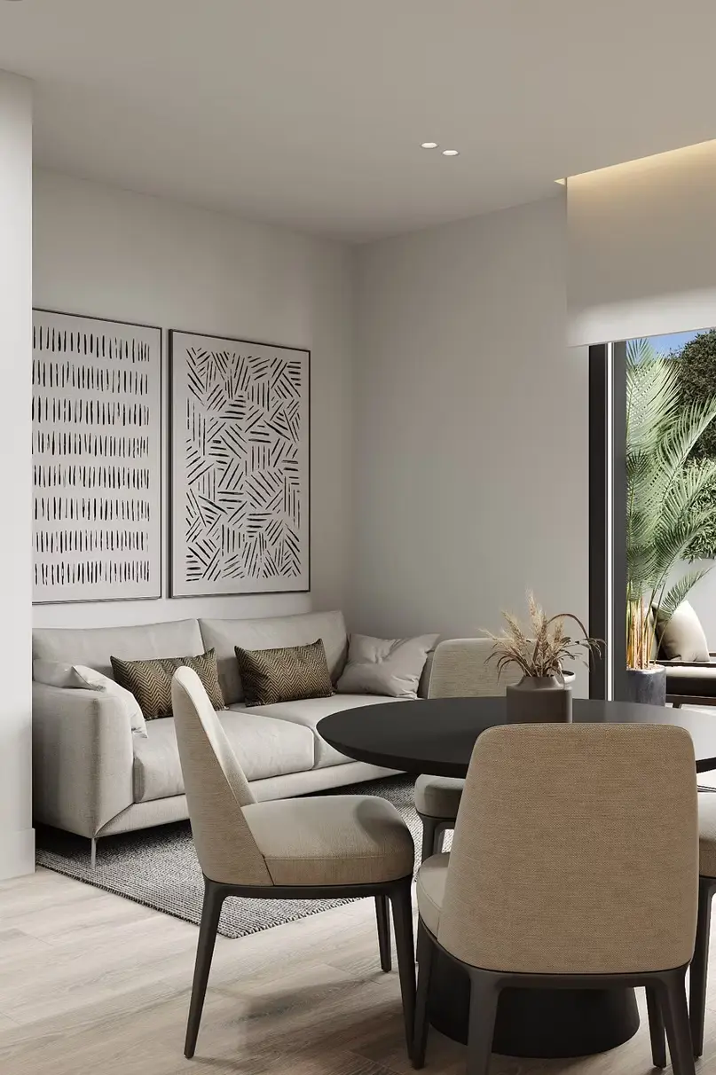 AZULIS Apartments: open-plan lounge and dining corner with abstract art and garden outlook, Olbia
