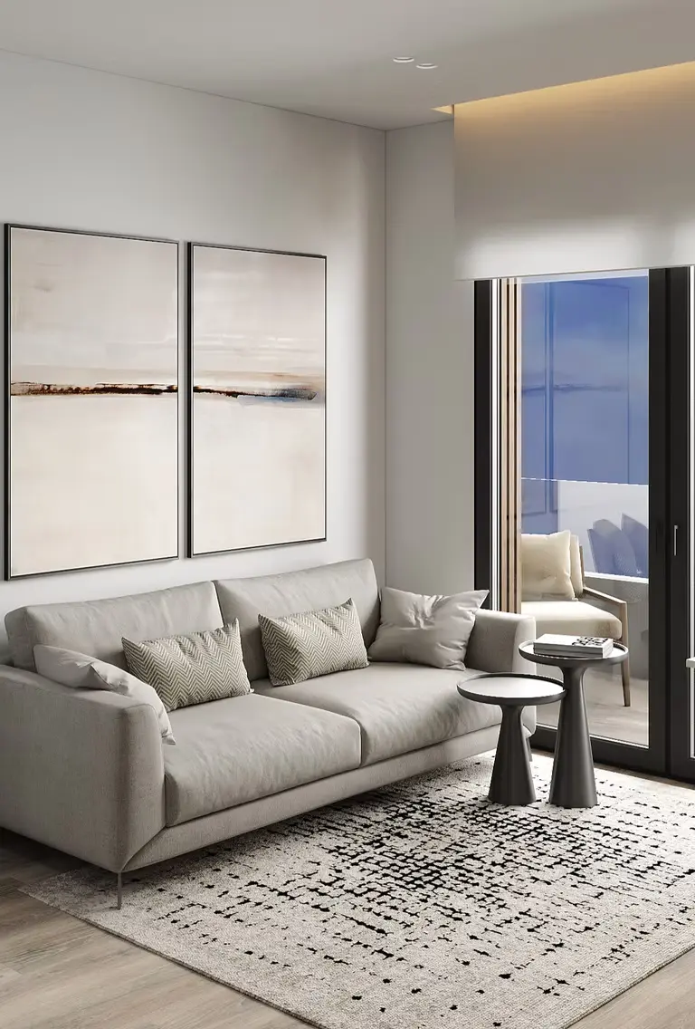AZULIS Apartments: lounge with grey sofa, seascape artworks and balcony with sea view, Olbia