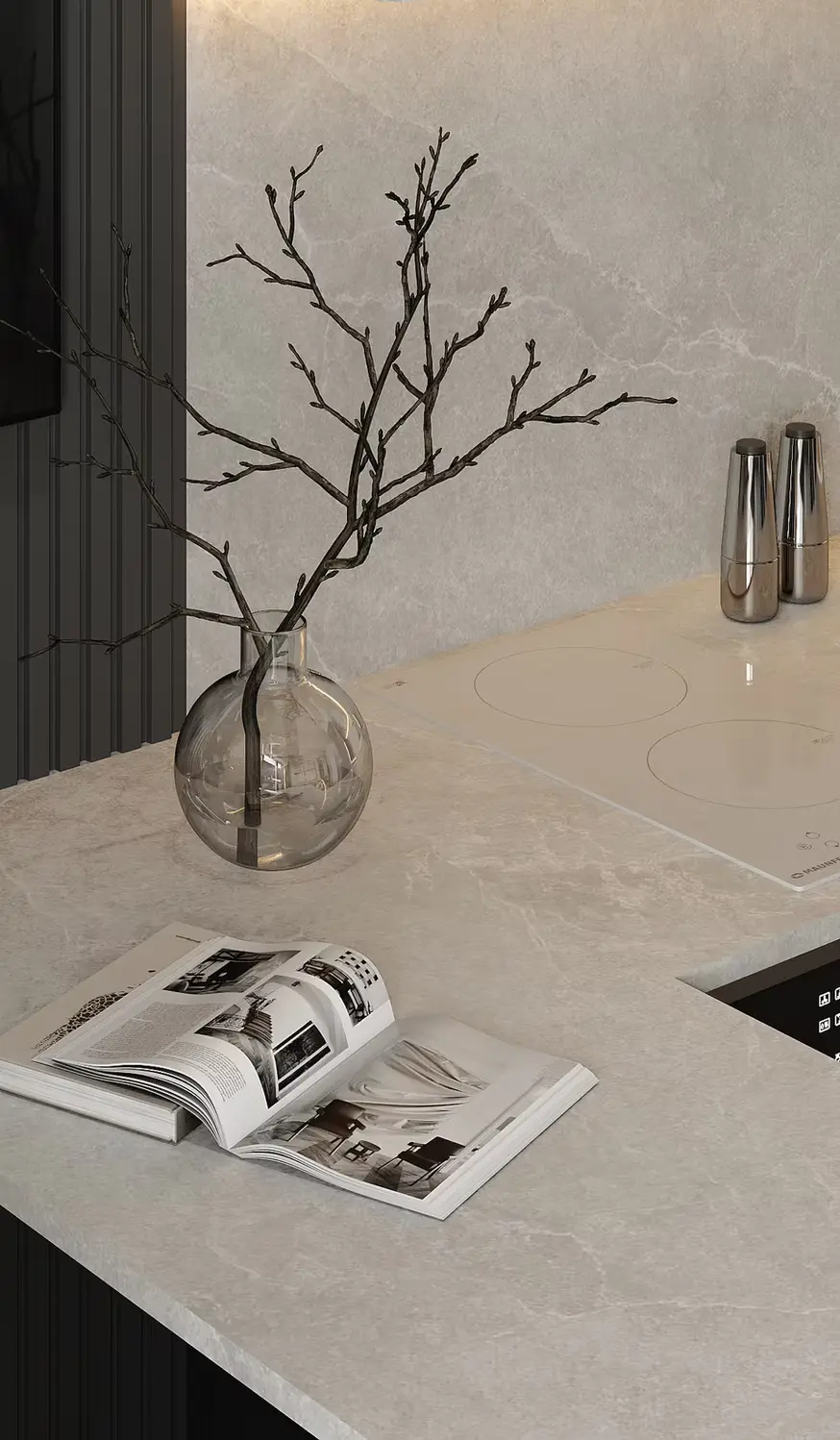 AZULIS Apartments: stone kitchen worktop detail with vase of branches and induction hob, Olbia