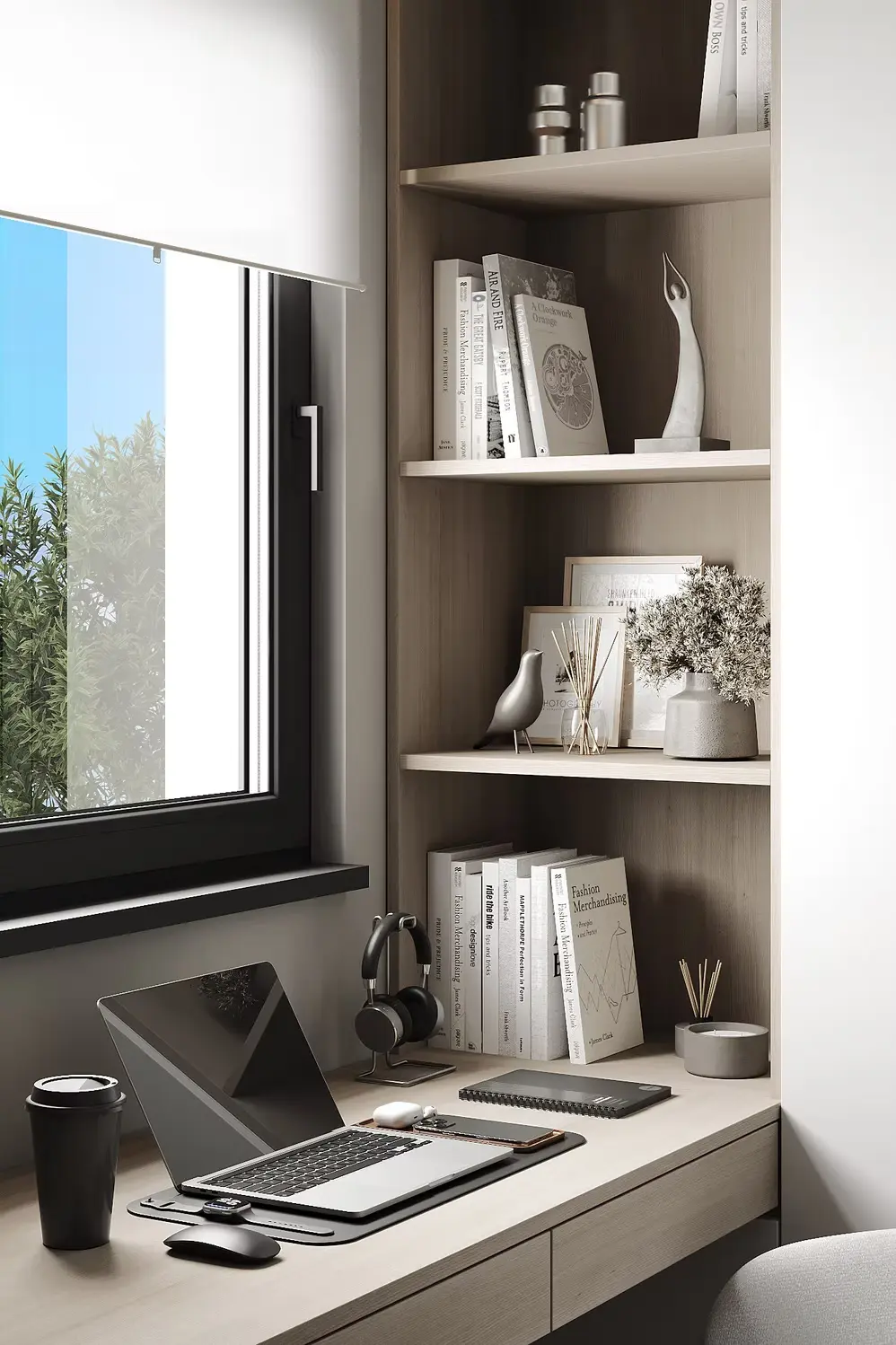 AZULIS Apartments: study nook with built-in shelving, laptop desk and leafy window view, Via Pisano 16, Olbia
