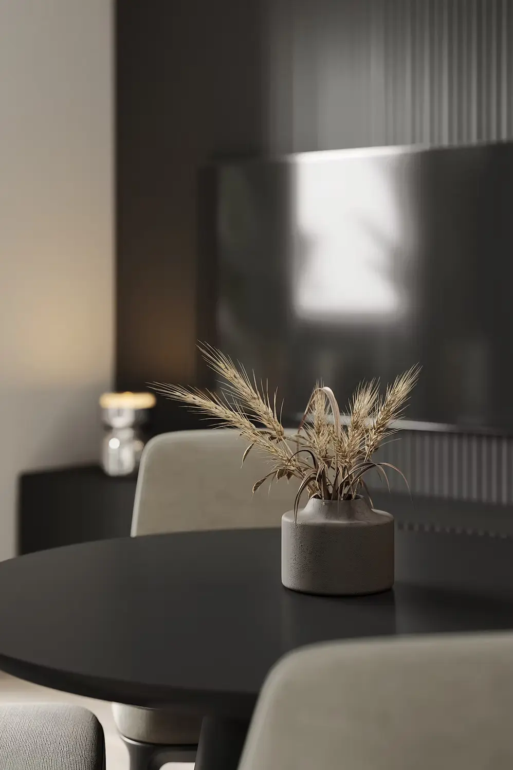 AZULIS Apartments: detail of dried grasses in a stone vase on the black dining table, Olbia