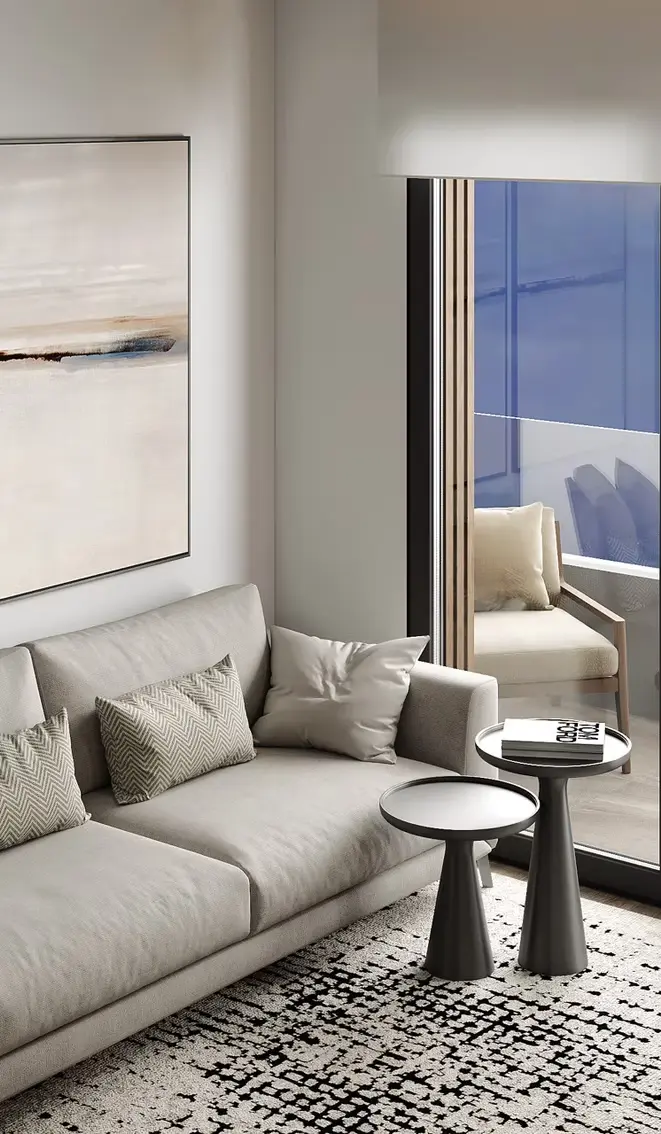 AZULIS Apartments: living room with grey designer sofa, abstract art and private balcony seating, Via Pisano 16, Olbia