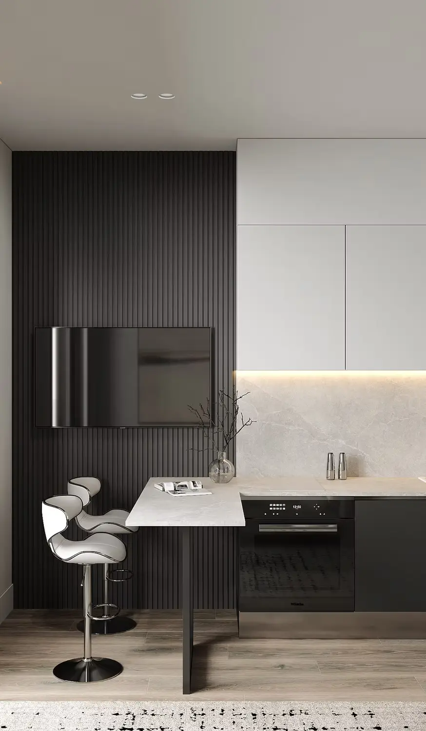 AZULIS Apartments: compact designer kitchen with breakfast bar, stools and slatted TV wall, Via Pisano 16, Olbia