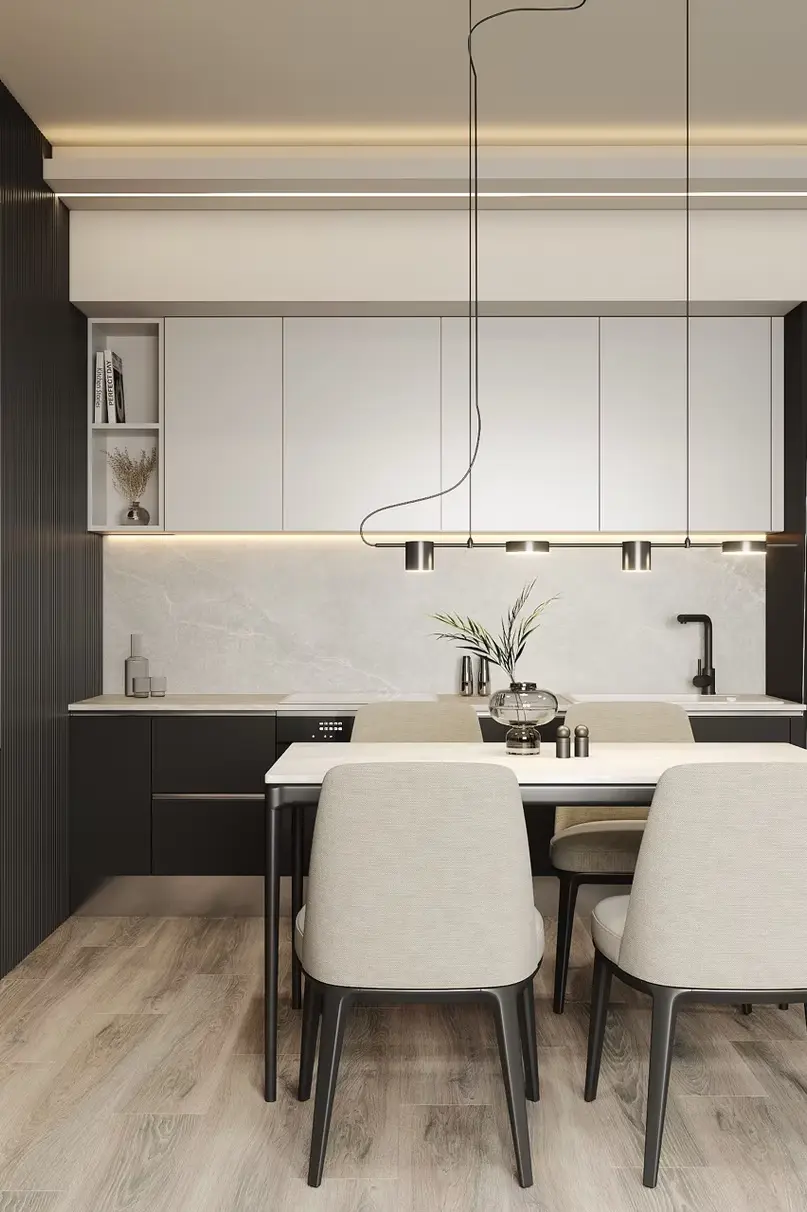 AZULIS Apartments: open kitchen and dining area with white cabinetry and black pendant lighting, Olbia