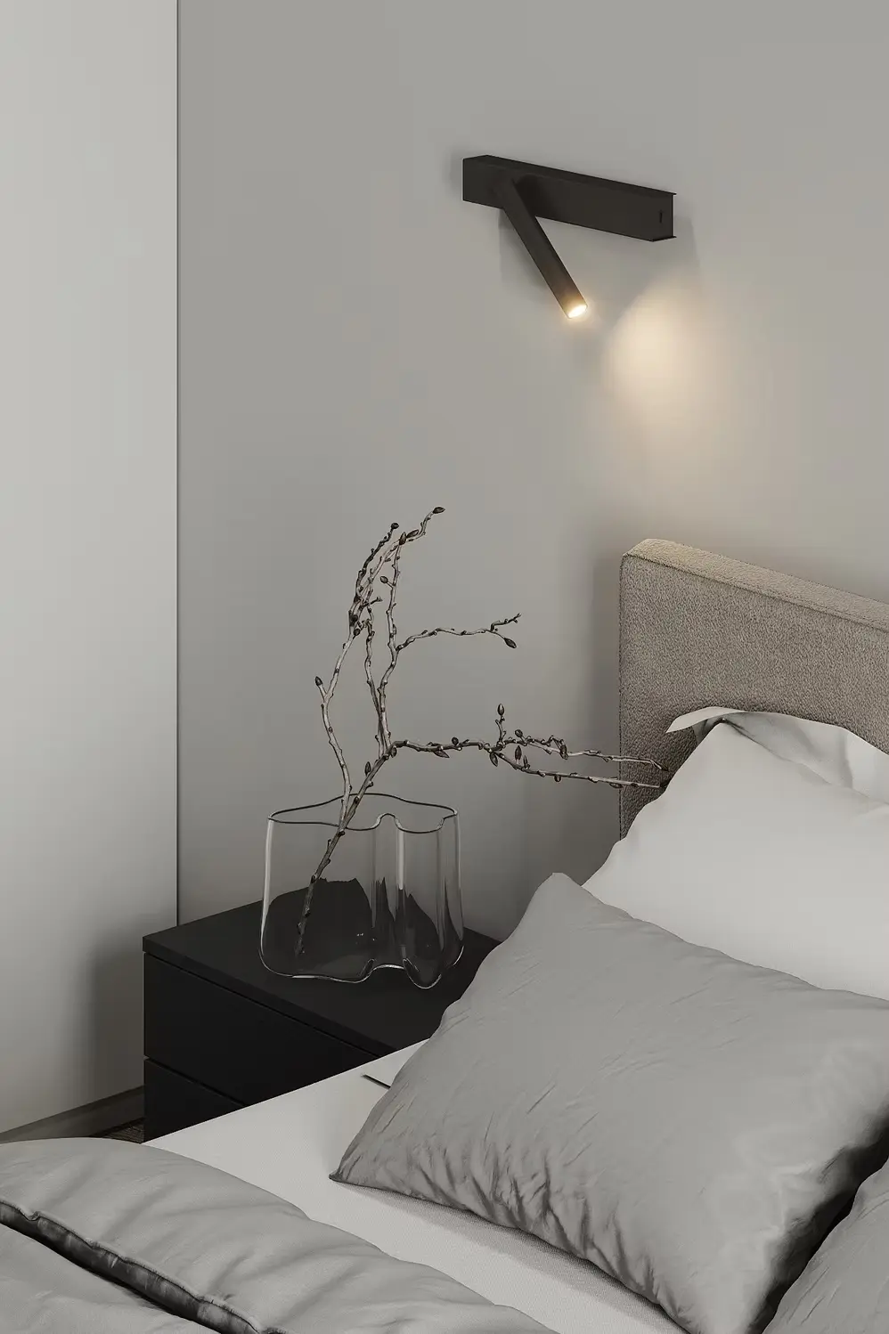 AZULIS Apartments: bedside detail with adjustable black reading light and glass vase, Olbia