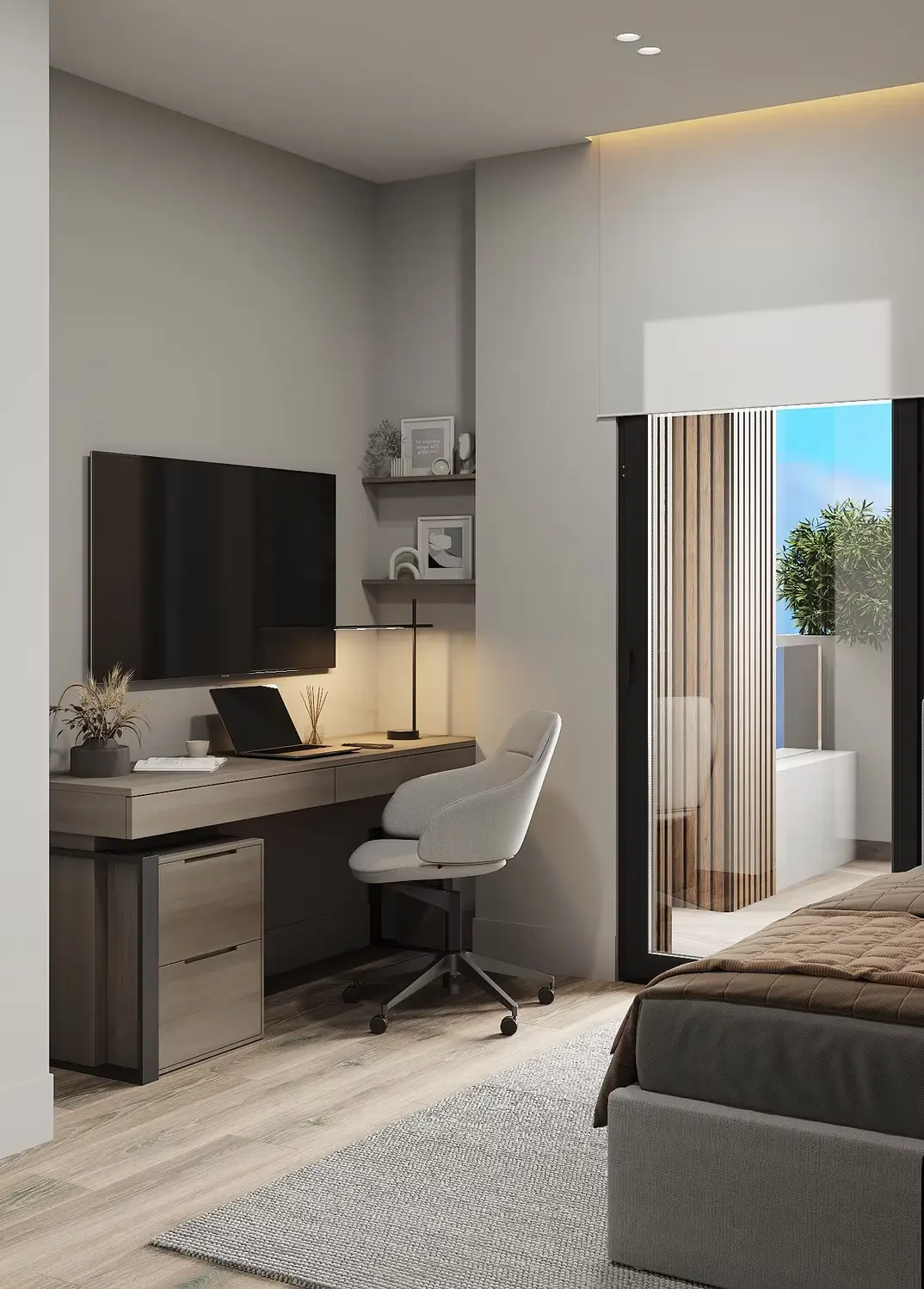 AZULIS Apartments: bedroom with desk workspace, wall-mounted TV and mirrored wardrobe by the balcony, Olbia