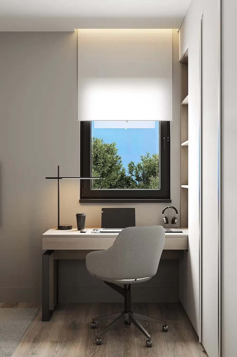 AZULIS Apartments: study nook with white desk and swivel chair set before a bright window, Via Pisano 16, Olbia