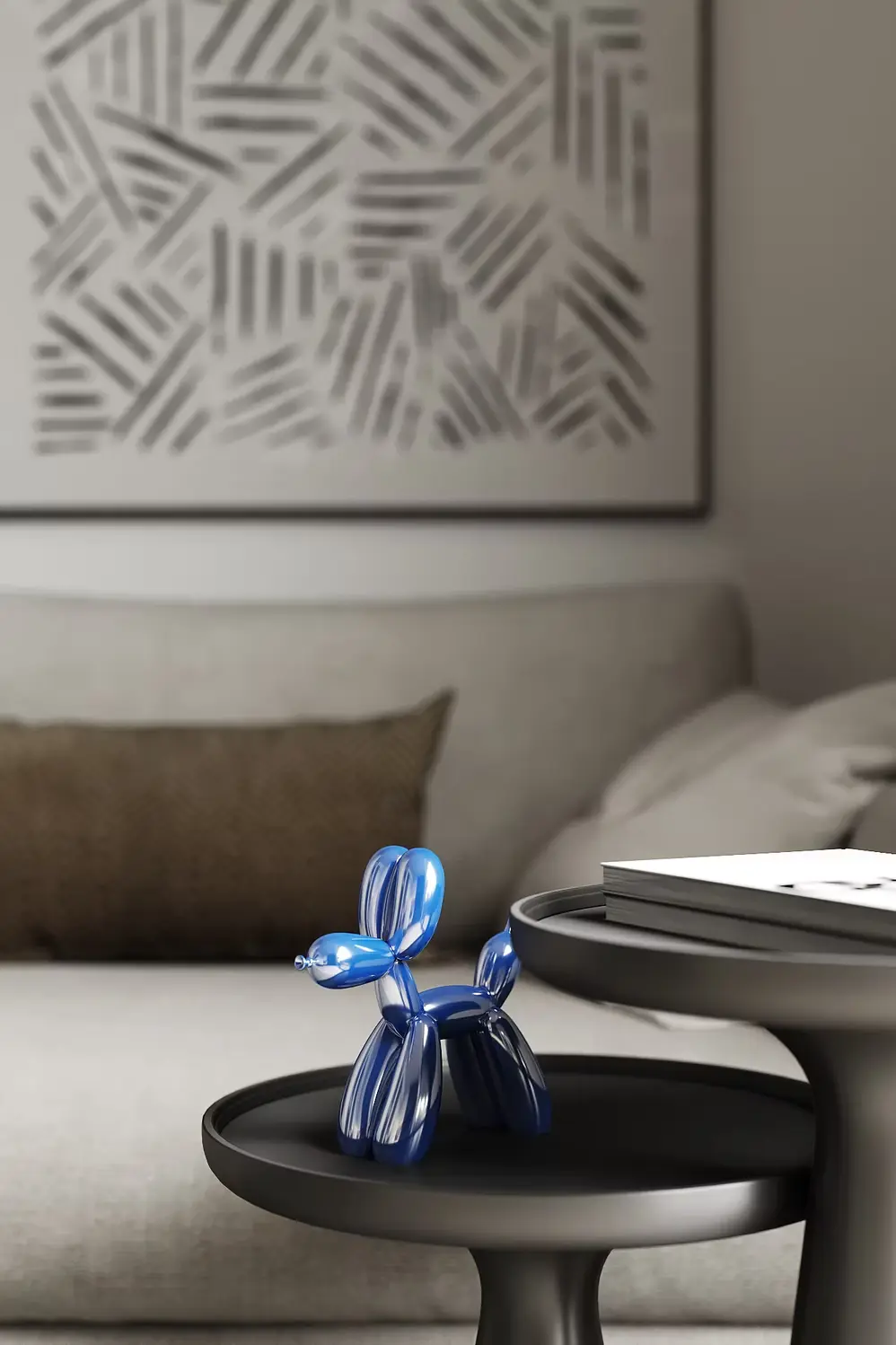 AZULIS Apartments: living room detail with a blue balloon-dog sculpture on a black side table, Olbia