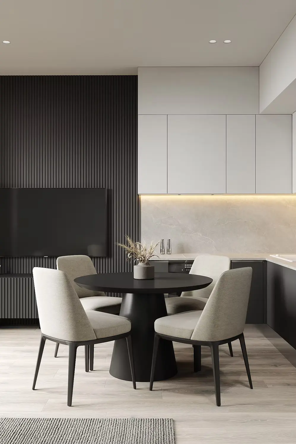 AZULIS Apartments: round dining table and kitchen with backlit splashback in an open-plan interior, Via Pisano 16, Olbia