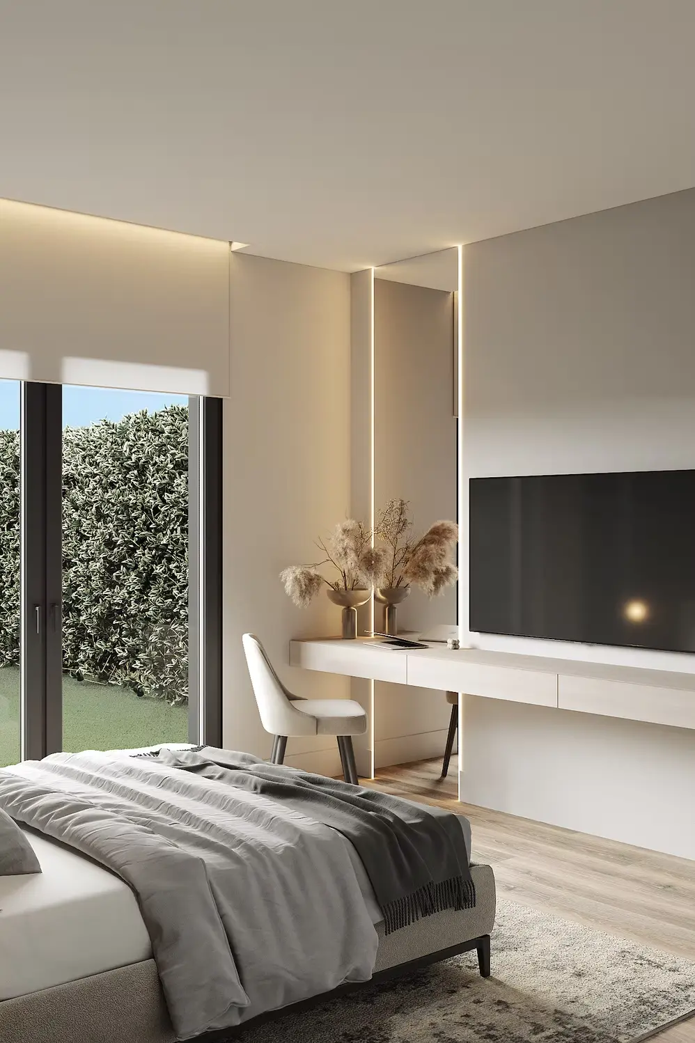 AZULIS Apartments: bedroom with desk, wall-mounted TV and garden view through full-height glazing, Olbia