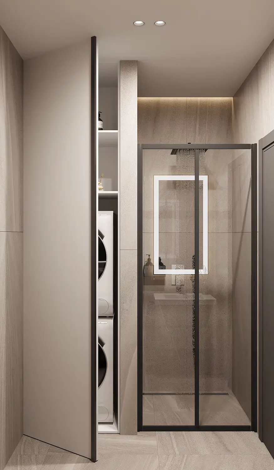 AZULIS Apartments: bathroom with black-framed glass shower, LED mirror and concealed laundry column, Olbia
