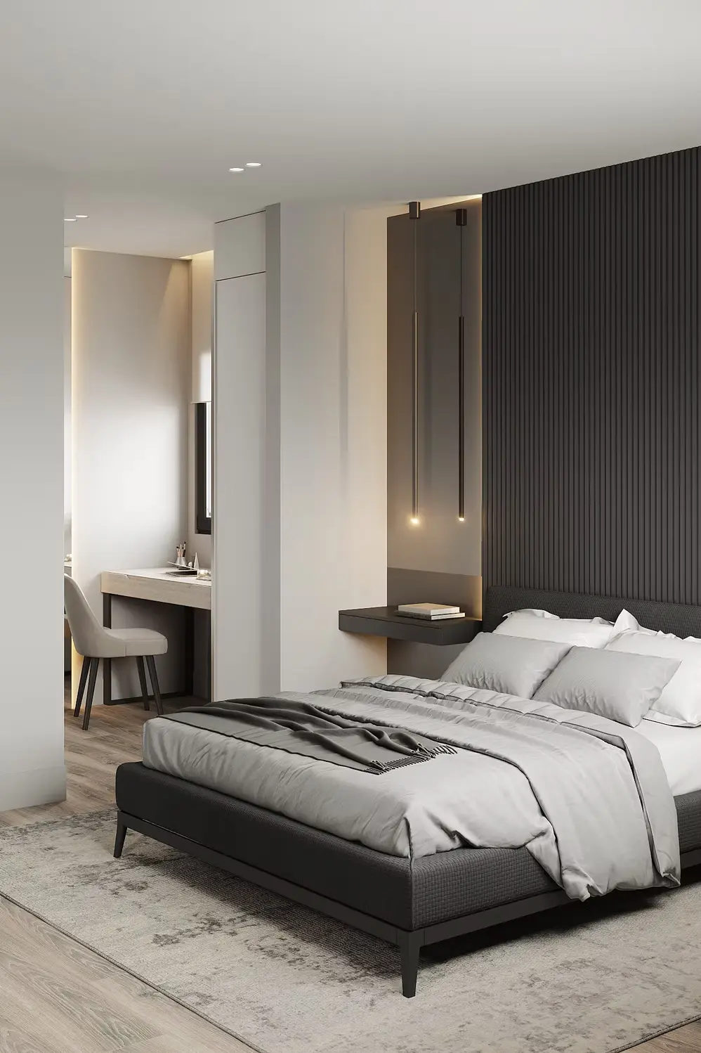 AZULIS Apartments: bedroom with upholstered bed, dark slatted feature wall and vanity nook, Via Pisano 16, Olbia