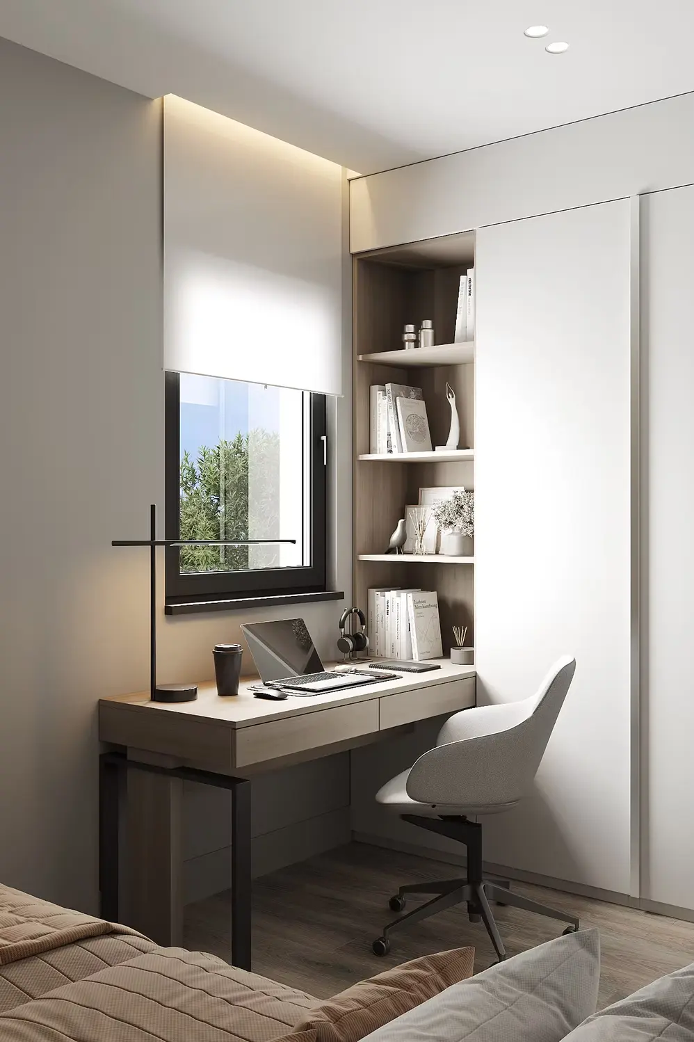 AZULIS Apartments: bedroom work corner with desk, task lamp and built-in shelving, Via Pisano 16, Olbia