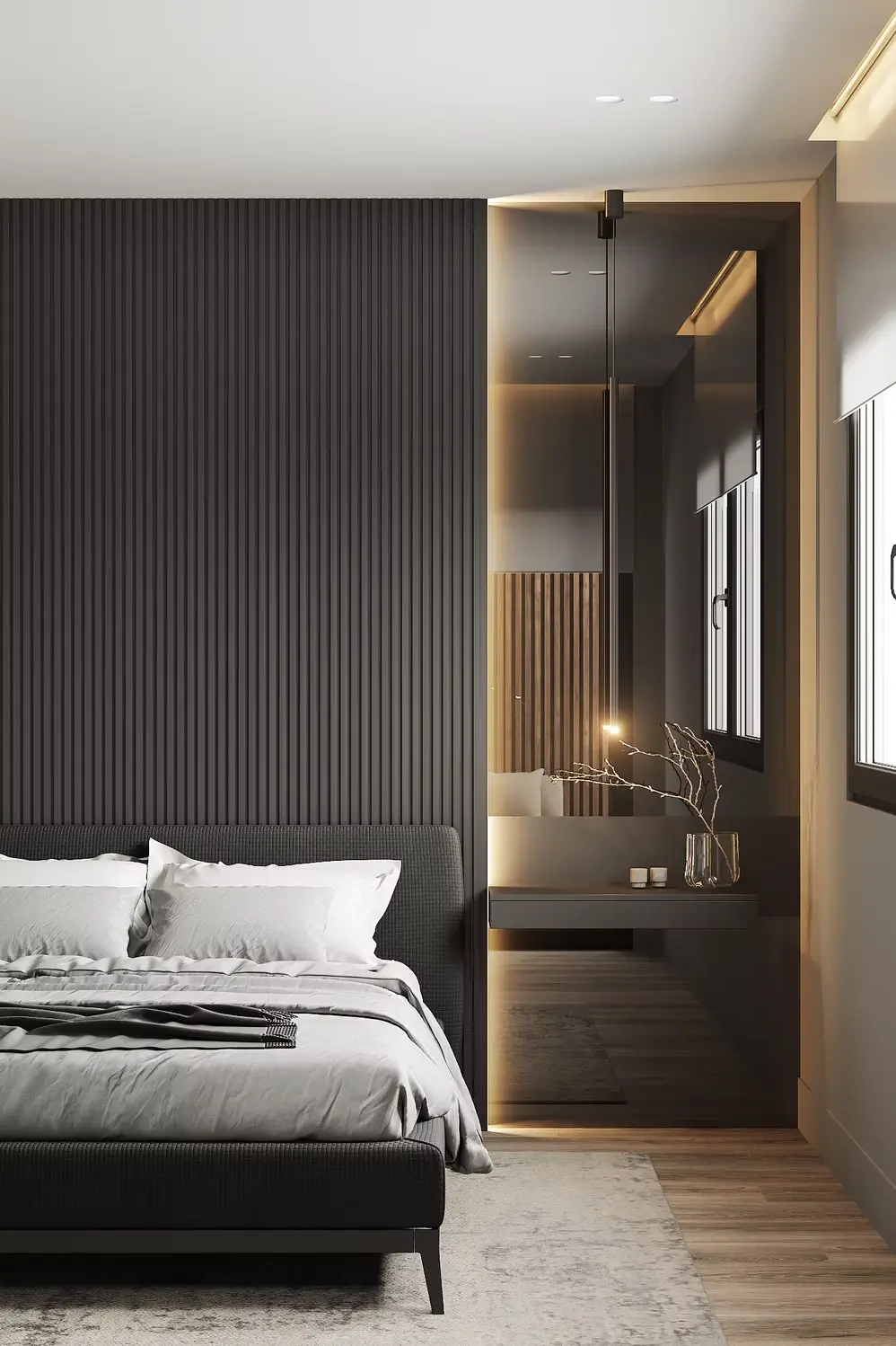 AZULIS Apartments: bedroom with black slatted feature wall and backlit vanity behind smoked glass, Olbia