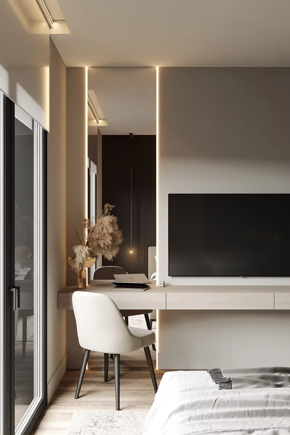 AZULIS Apartments: another view of the bedroom desk and TV console with backlit mirror panels, Olbia