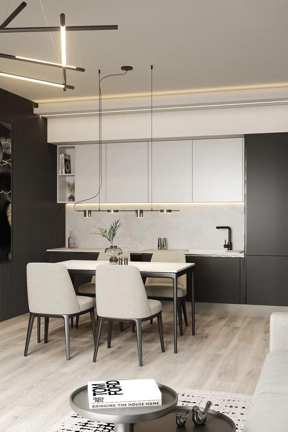 AZULIS Apartments: open-plan kitchen and dining area with sculptural black pendant lighting, Via Pisano 16, Olbia