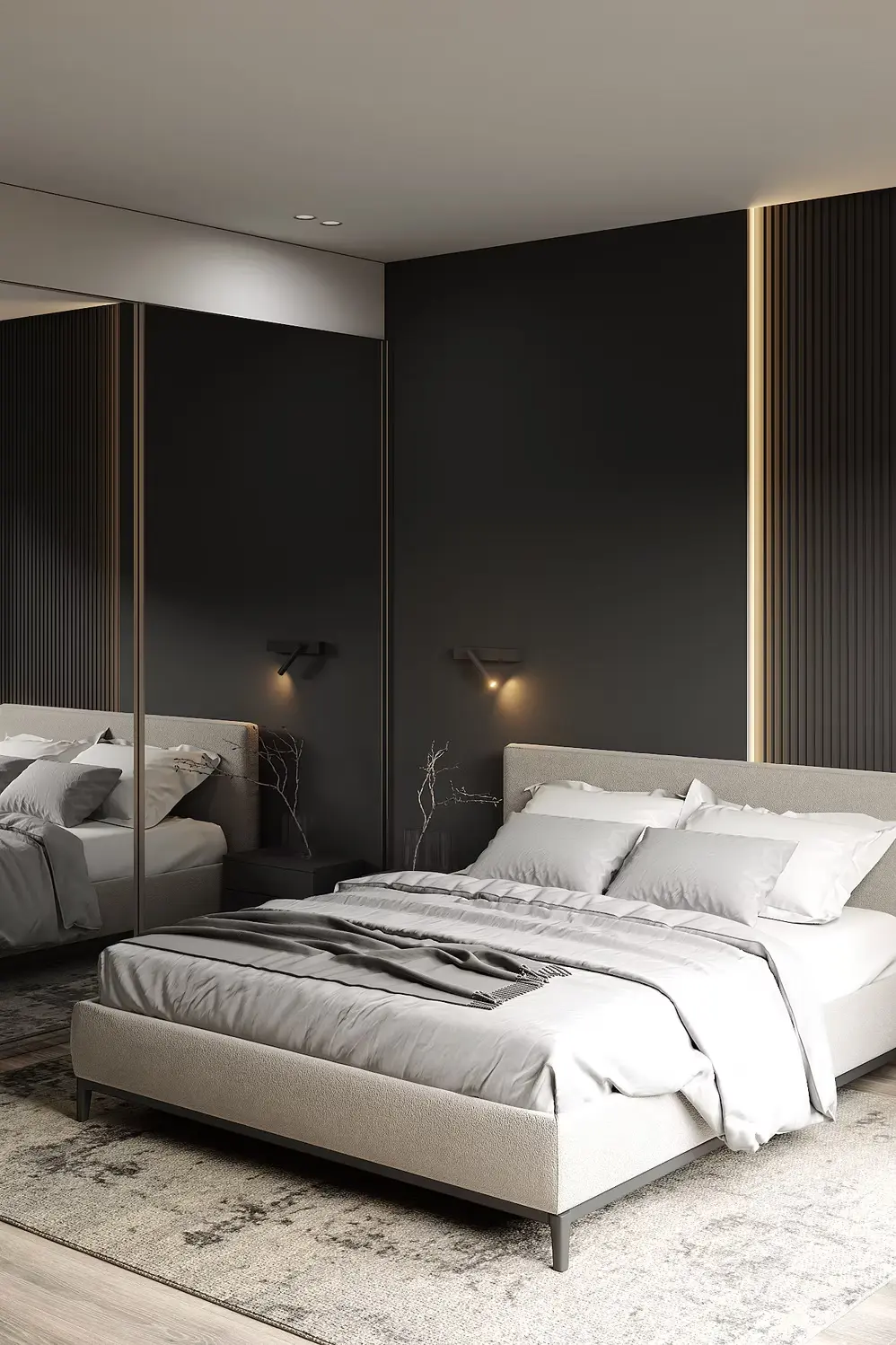AZULIS Apartments: bedroom with charcoal feature wall, backlit panels and mirrored wardrobe, Olbia