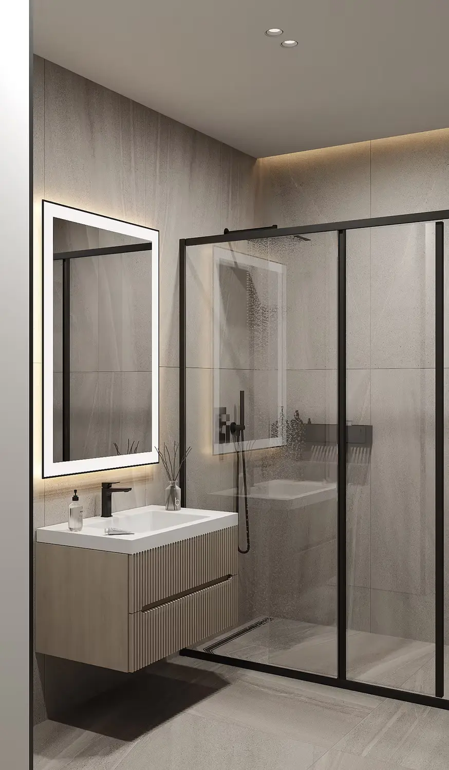 AZULIS Apartments: bathroom with backlit mirror, floating vanity and black-framed walk-in shower, Olbia