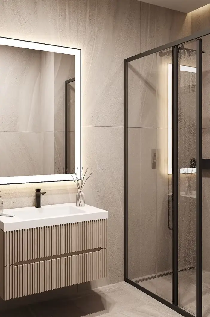 AZULIS Apartments: second bathroom with fluted vanity, illuminated mirror and glass shower, Via Pisano 16, Olbia