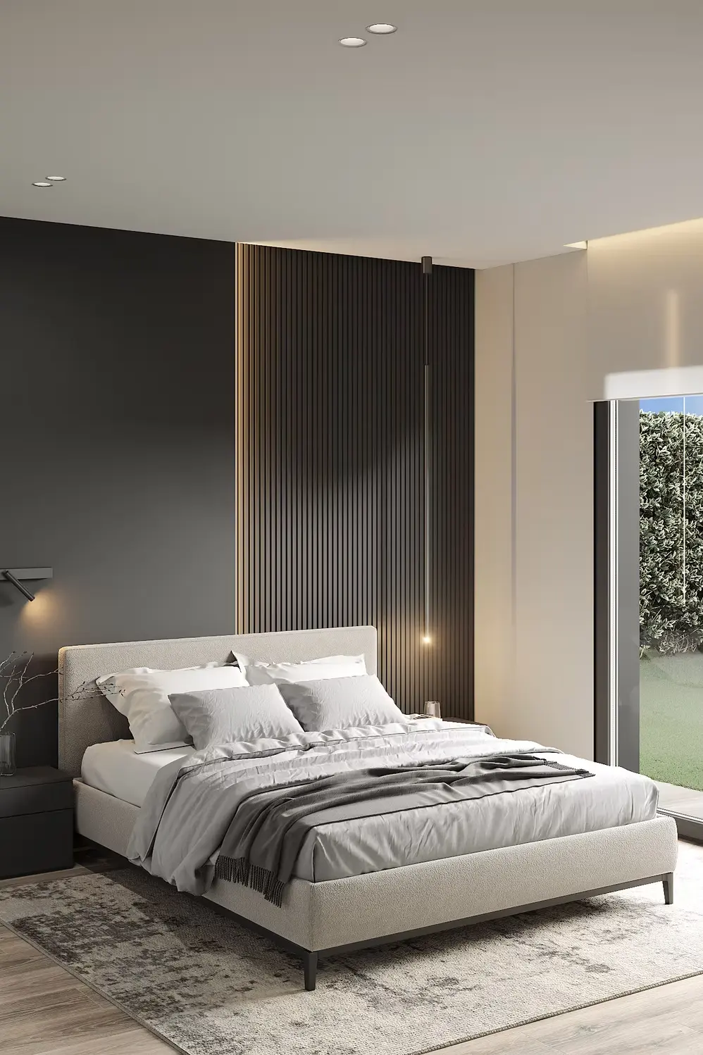 AZULIS Apartments: bedroom with fabric bed, charcoal slatted accent wall and garden view, Via Pisano 16, Olbia