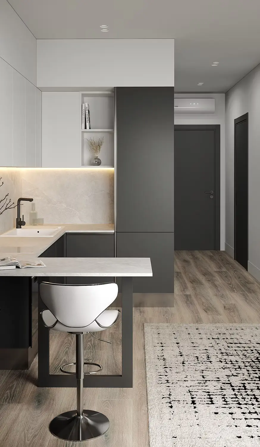 AZULIS Apartments: custom kitchen with graphite and white cabinetry and a breakfast bar stool, Via Pisano 16, Olbia
