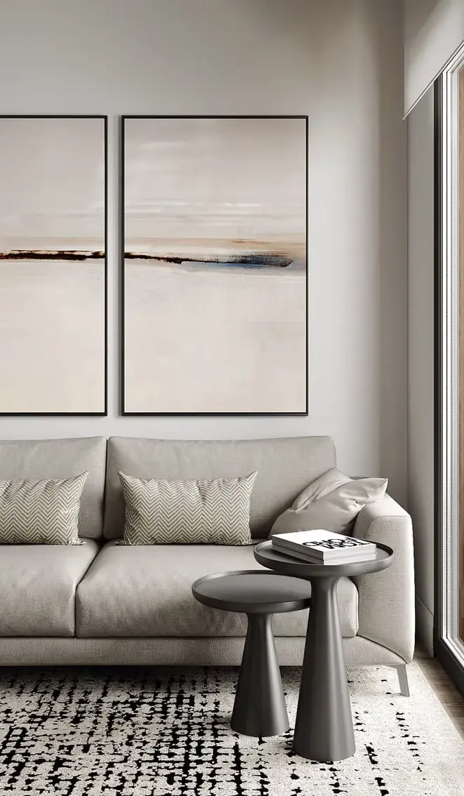 AZULIS Apartments: another view of the living room sofa with paired abstract artworks, Via Pisano 16, Olbia