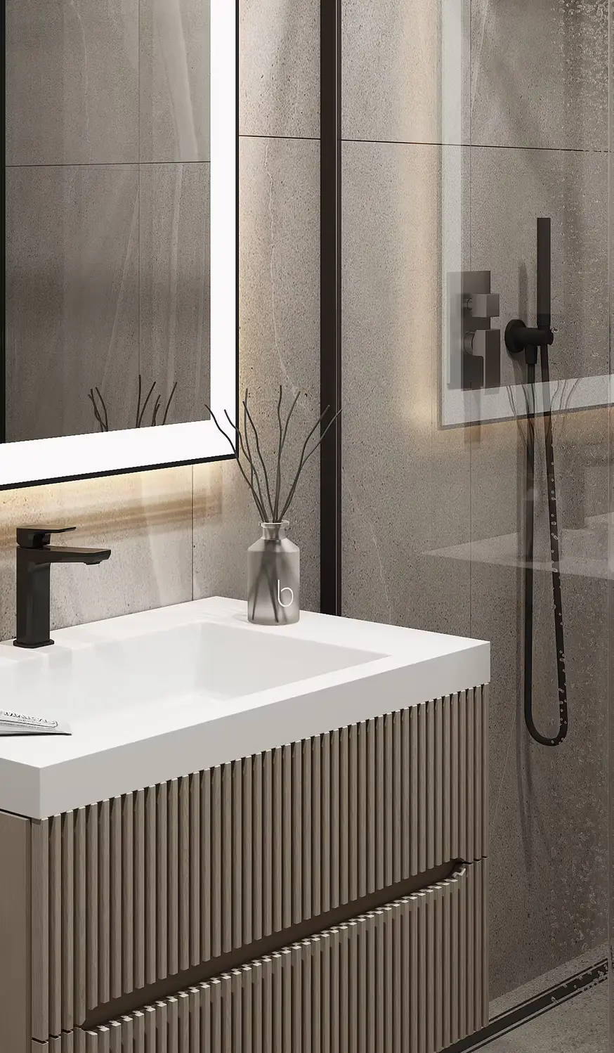 AZULIS Apartments: bathroom detail of fluted vanity, matte black tap and rain shower fittings, Olbia
