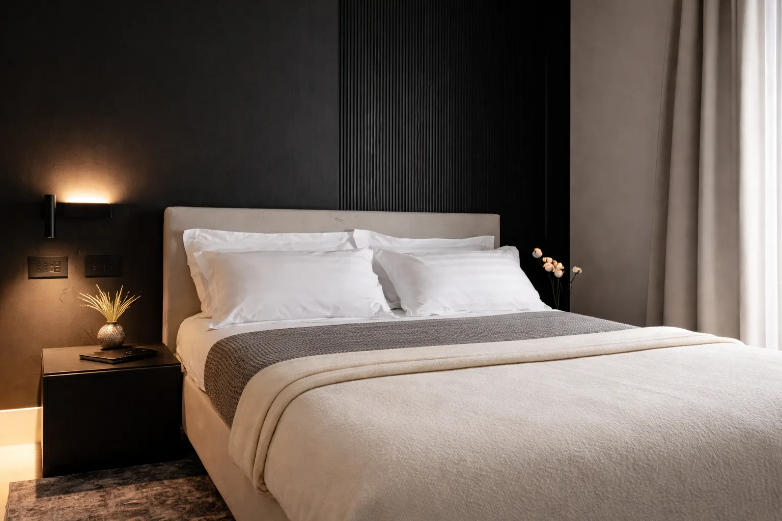 AZULIS Apartments: bedroom detail with mirrored wardrobe, dark nightstand and wall reading light, Via Pisano 16, Olbia