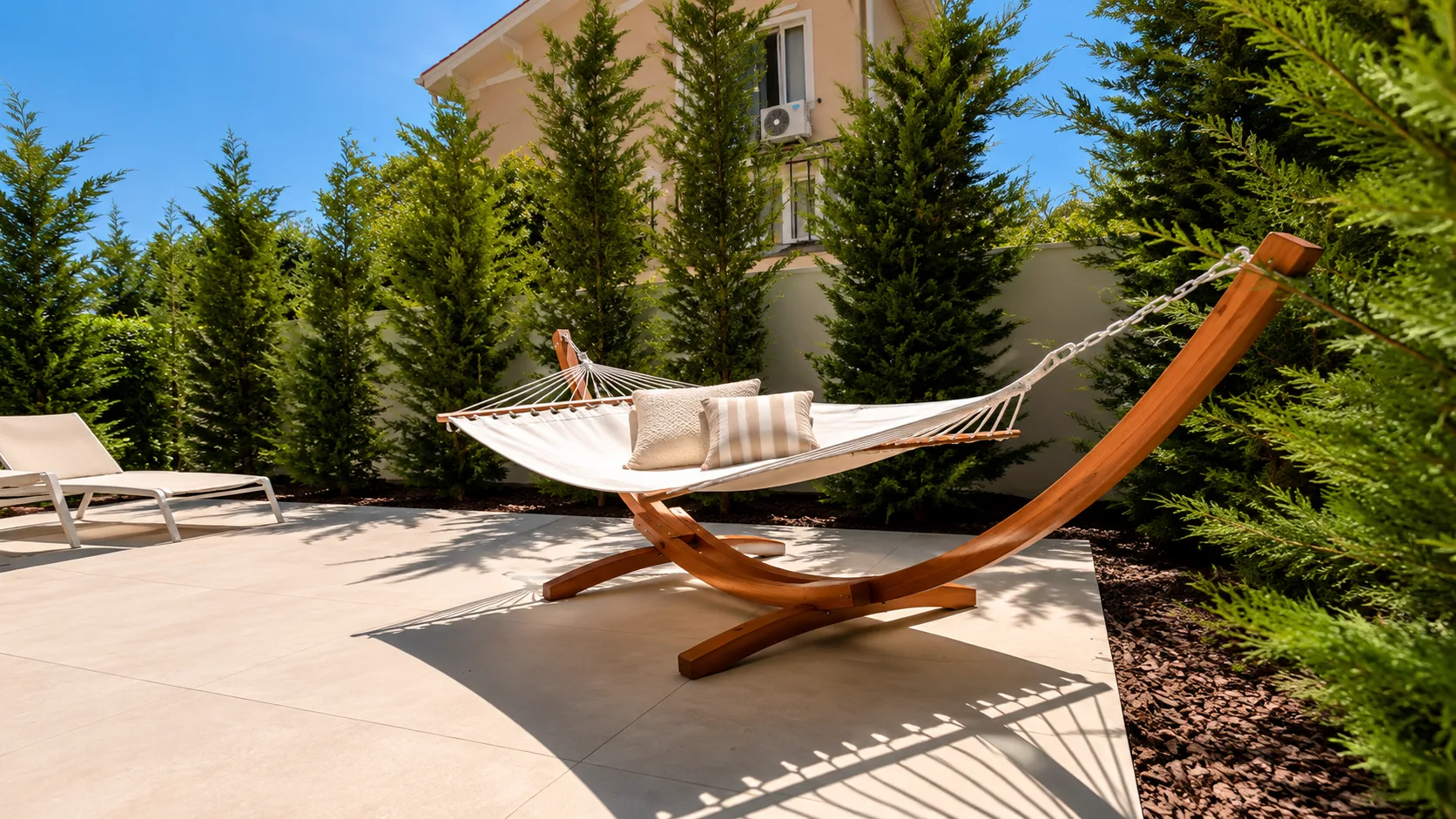 AZULIS Apartments: private terrace with hammock, sun loungers and evergreen hedge, Via Pisano 16, Olbia