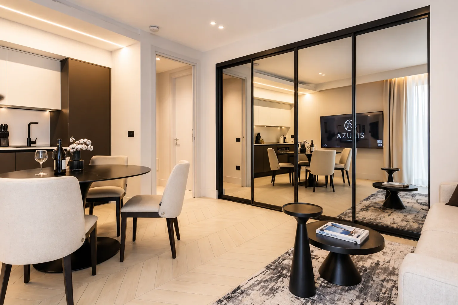 AZULIS Tigellio 1: open-plan living with mirrored wall